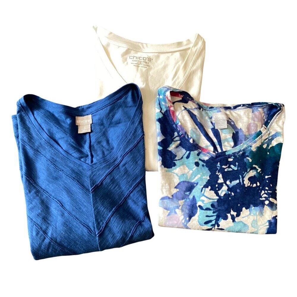 Bundle of 3 Chico's Short Sleeve Tee Tops Sz 2(L/12) Blues & White #316A